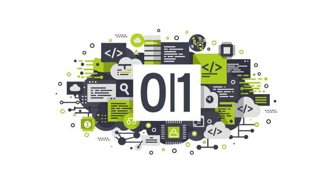 Software Development and Coding Concept Illustration with Binary Code, Cloud Computing, and Tech Infrastructure Icons in Flat Style