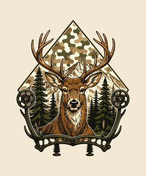 Majestic deer stag with impressive antlers in a vintage hunting wilderness illustration Vintage Retro Tshirt Design