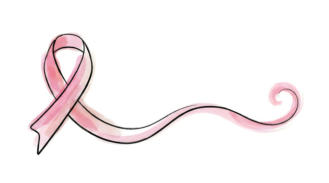 Minimalist watercolor brush stroke pink ribbon sketch with long flowing tail isolated on white backdrop as elegant symbol for breast cancer awareness and global health support.