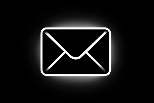 Glowing Mail Icon - A minimalist envelope graphic is outlined in sharp white strokes that emit a bright, soft radiance against a dark, vignette-shaded pitch-black background