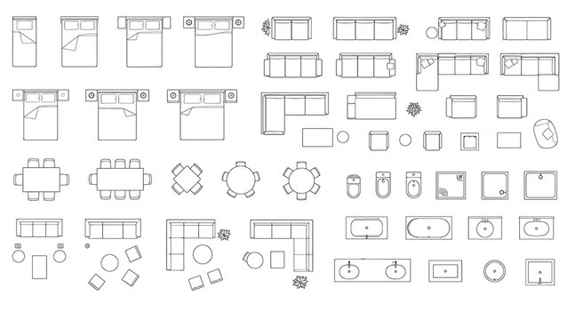 Architectural furniture floor plan symbols, interior design CAD blocks for house planning, minimalist home layout icons for blueprint drafting isolated on White Background ai