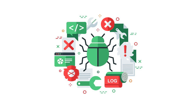 Software Debugging and Bug Fixing Concept Flat Vector Illustration with Programming Icons, Code Error Symbols, and Green Beetle for QA Testing and IT Maintenance