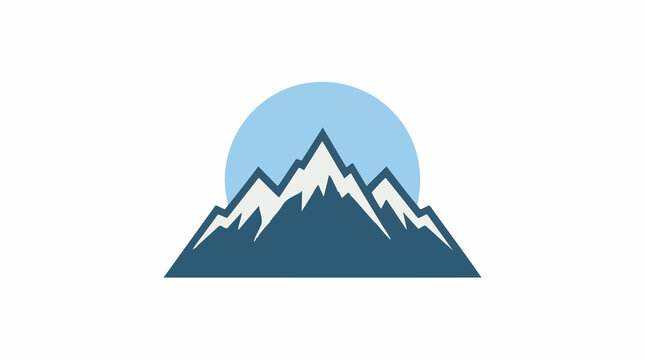 Stylized blue mountain peaks with white snowcaps and a light blue sun graphic