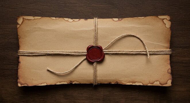A sealed envelope tied with twine and a red wax stamp on a dark wooden surface