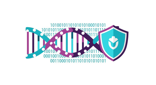 DNA Data Protection and Genetic Security Concept Illustration with Helix, Shield, and Binary Code