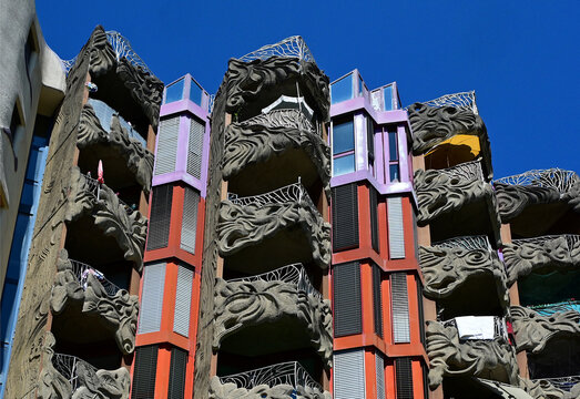 Geneva, Switzerland, Europe - 05.2026 : Schtroumpfs complex known as Smurfs, Grottes quarter, 1984, organic forms like in Gaudi and Hundertwasser works, Swiss architects Frei, Hunziker, Berthoud
