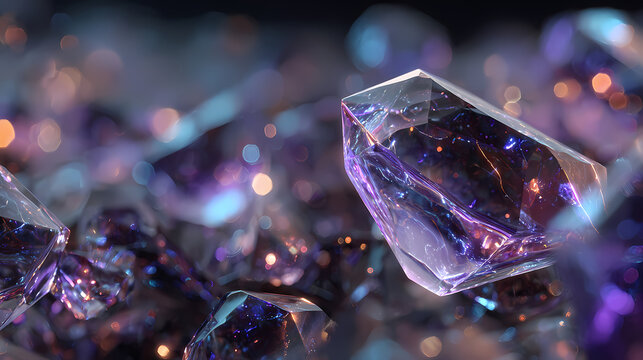 Premium abstract 3D render of sharp geometric crystal prism refracting light over purple bokeh network for spatial computing and data encryption background