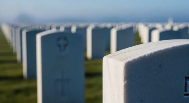 Rows of white marble military headstones in a peaceful national cemetery at dawn