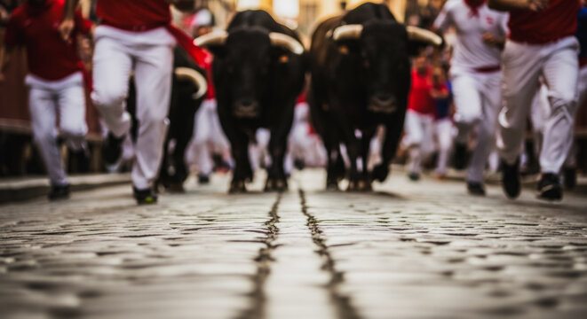 People running with bulls on a cobblestone street