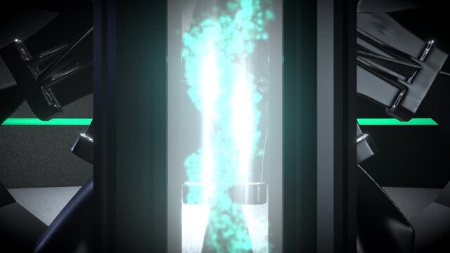 Dynamic front orbit around a Eco-friendly decarbonization turbine featuring a glowing green and cyan clean tech reactor inside a.