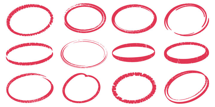 Set of hand drawn red oval circle frames for highlighting text or emphasizing important details