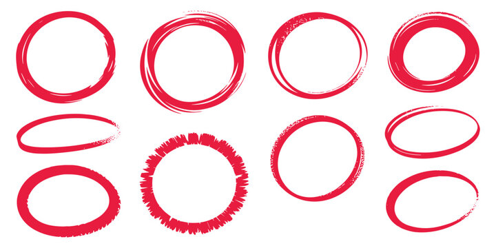 Hand drawn red circles and ovals collection for highlighting text or emphasizing important points