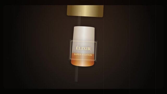 Luxury cosmetic serum bottle with golden label on dark background