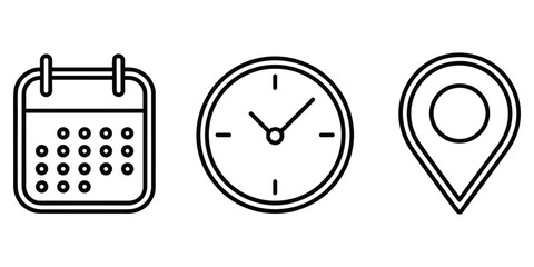 Fototapeta premium Linear icons set with calendar clock and location pin for modern digital interface application