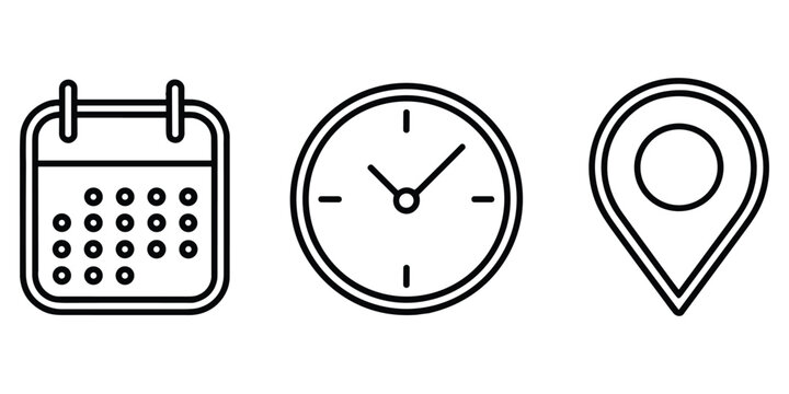 Linear icons set with calendar clock and location pin for modern digital interface application