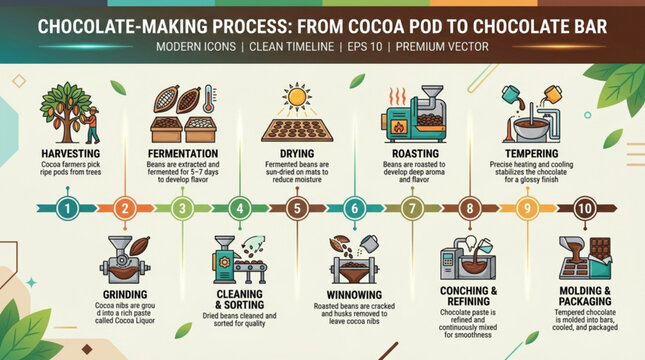 Chocolate making process from cocoa pod to chocolate bar