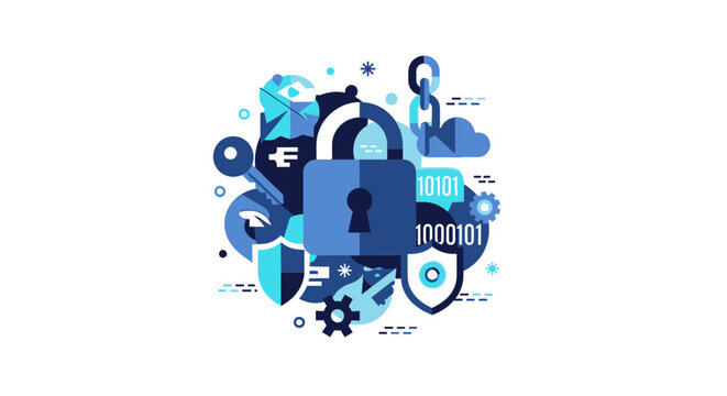 Cybersecurity Concept Illustration with Padlock, Digital Shield, and Binary Code for Data Protection and Network Security