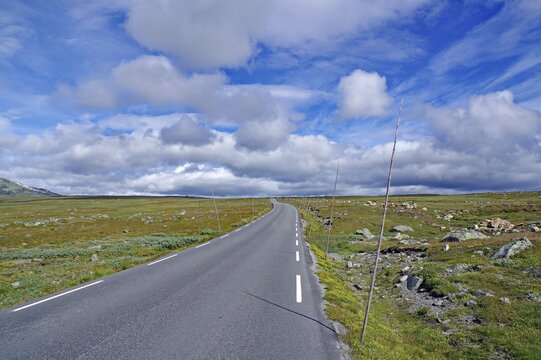 Asphalt road under wide blue sky with clouds nestled in peaceful countryside, Fell, Valdresflyra, Norway