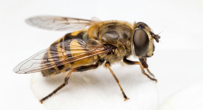 A vibrant macro photograph of a hoverfly perched on a white surface with clear wing details shown.