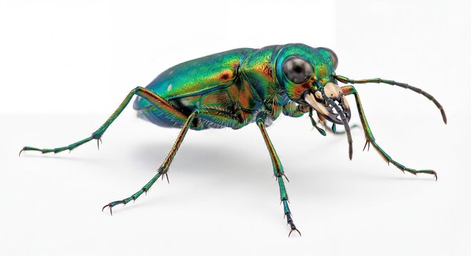 A vibrant green tiger beetle standing on a white background with sharp mandibles and long thin legs.