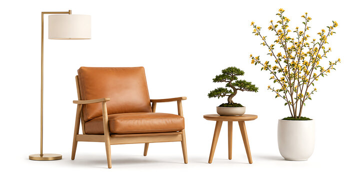 Mid-century modern leather armchair with wooden frame, minimalist living room furniture set, elegant floor lamp and potted bonsai plants isolated on White Background ai