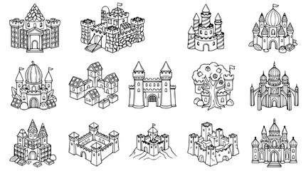 Collection of Hand-Drawn Castle Icons, Fantasy Fortress and Royal Palace Illustrations © Akun