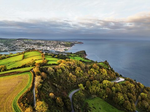Colours of autumn Fields and Farms over Sheldon from a drone, Torbay, Devon, England, United Kingdom