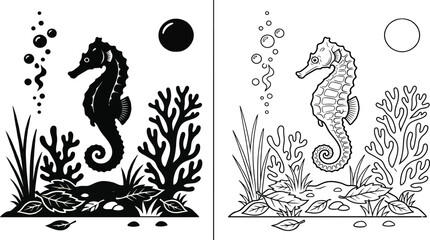 Seahorse Silhouette and Outline Illustration with Marine Plants and Bubbles on a Clean White Background © Jebiner