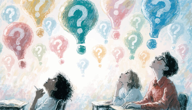 Pensive students, colorful question marks, thinking faces, educational concept, puzzle elements