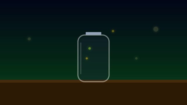 Jar with glowing fireflies inside during a peaceful summer night representing memories light and hope for the future caught within a glass container held under dark skies in nature outdoors now