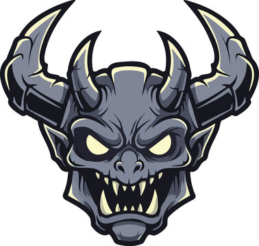 Fierce Demon Head Mascot Logo, Front View Close-up for Esports Team, Vector Illustration Style, Sharp Cel Shading on Isolated White Background