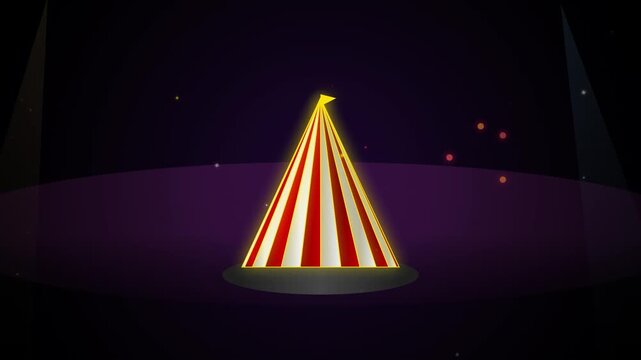 Red and white striped circus tent graphic animation on dark background