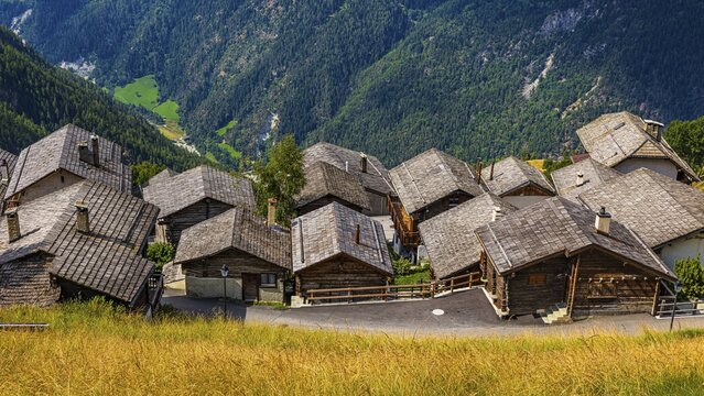 Wooden shingle roofs in the historic centre of Chandolin, Val d'Anniviers, Valais Alps, Canton Valais, Switzerland