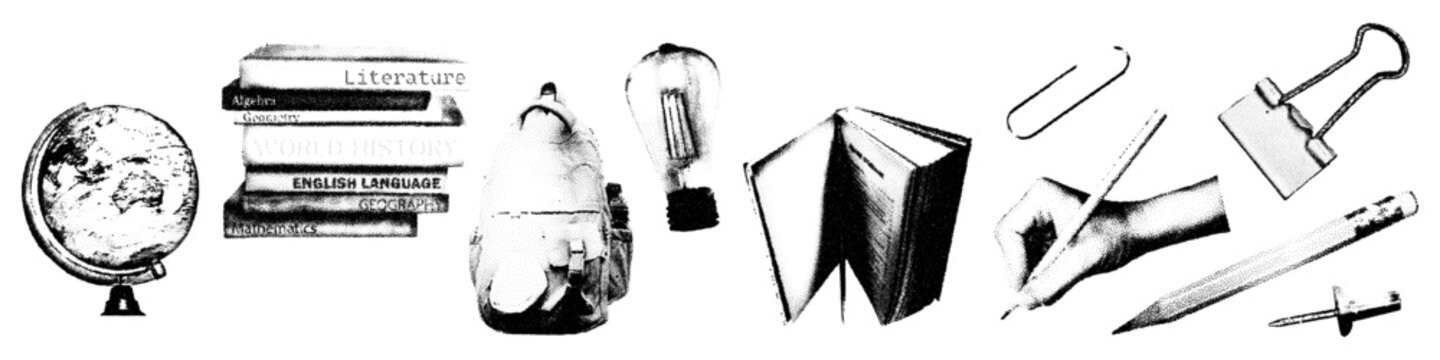 Back to school halftone stipple elements set. Grunge punk dot texture for y2k collage design. Hand holding pencil, stack of books, light bulb, paper clip, backpack. Retro photocopy vector illustration