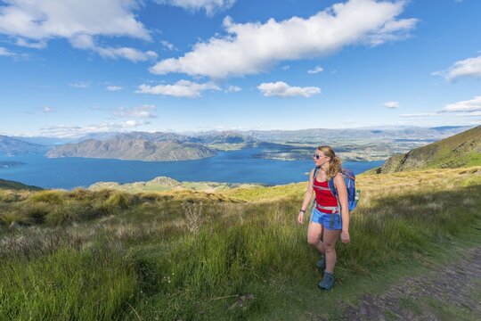 Walker on hiking trail to Roys Peak, Lake Wanaka, Southern Alps, Otago Region, Southland, New Zealand