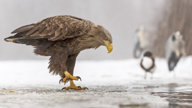 White-tailed eagle (Haliaeetus albicilla) adult bird on the water and on the ice, hunting, foraging, lake landscape, prey, hunting, water birds fleeing, herons fleeing, catches, geese, flight, bird of prey, watery landscape, Hortob&aacute;gyi Nemzeti Park, Hungary
