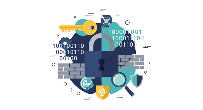 Cybersecurity and Data Protection Vector Illustration with Padlock, Shield, and Binary Code for Global Network Security Concept
