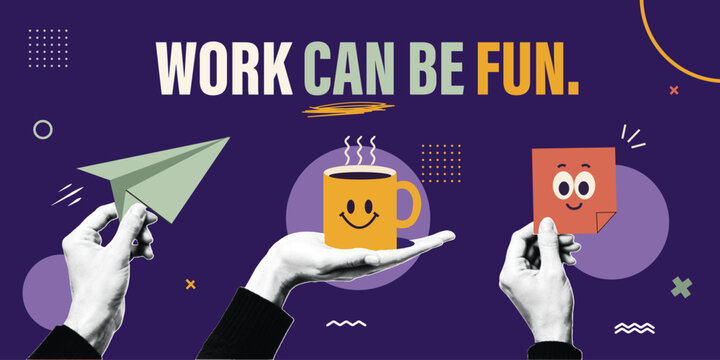 Halftone Pop Art Collage with Hands Holding Coffee Cup, Paper Plane, and Sticky Note. Work Can Be Fun Concept. Positive Workplace, Creativity, and Motivation. Retro Vintage Style Banner