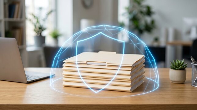 A stack of manila folders protected by a glowing blue digital shield on wooden desk