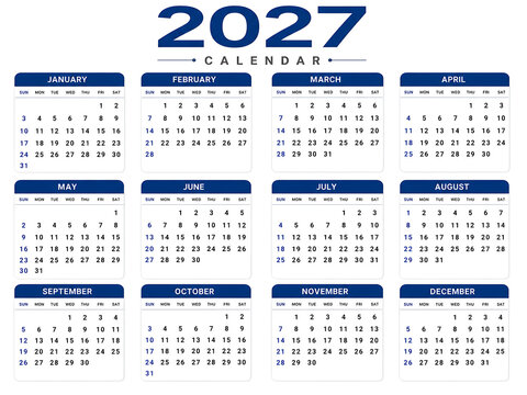 2027 calendar year, simple monthly calendar template, isolated on white background
