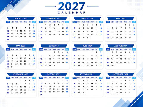 2027 calendar template, yearly planner, simple design, blue and white color scheme
