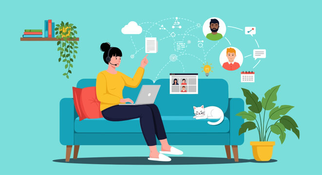 Remote worker, woman on couch with laptop, social media icons, relaxed home office