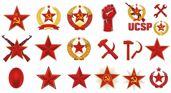 Communist, Soviet, red star icons, symbols, and logos, socialist emblems, vector graphics