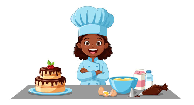 African American girl chef baking cake with ingredients, cooking class concept