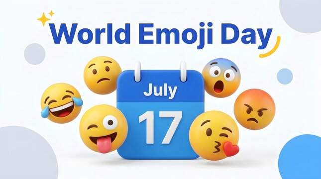 World emoji day celebration with 3d rendered emojis and july 17th calendar display