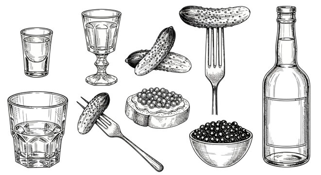 Luxury food and drink items, caviar and wine illustration, gourmet concept, fine dining background