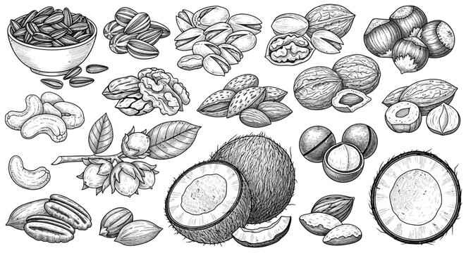 Assorted nuts and seeds illustration, healthy snack food, vegetarian diet concept, foodie background