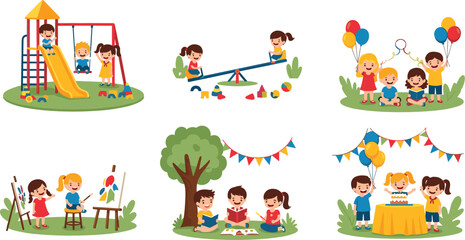 Naklejka premium National childrens day celebration vector illustration set with happy kids playing painting reading and celebrating outdoors