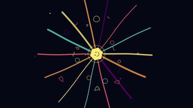 Abstract motion graphics with a central happy face and colorful lines