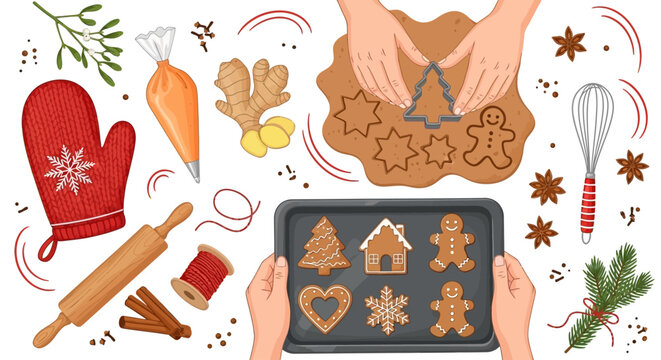 Hands baking christmas cookies, holiday baking concept, festive background